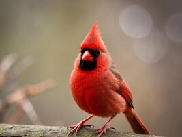 A red bird with black feathers sitting on a branch photo