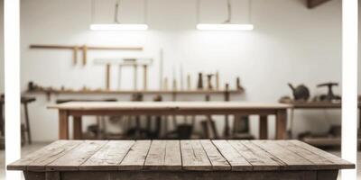 A wooden table in a workshop with tools on it photo