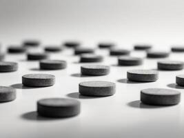 A black and white photo of pills on a table
