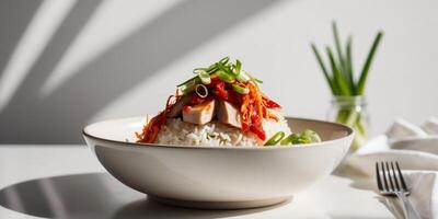 A bowl of rice with vegetables and meat in it photo