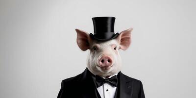 A pig wearing a tuxedo and a top hat photo