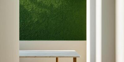 A green wall and a white table in a room photo