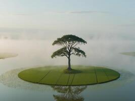 A lone tree stands on a small island surrounded by water photo
