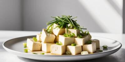 A plate of tofu with green onions on top photo