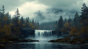 An autumn landscape featuring a small waterfall flowing through vibrant fall foliage, with mountains shrouded in fog, creating a mystical atmosphere. photo