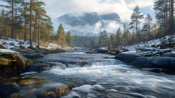 A calm yet captivating winter landscape with a rushing mountain river flowing through snow-covered terrain, framed by majestic snow-capped mountains. photo