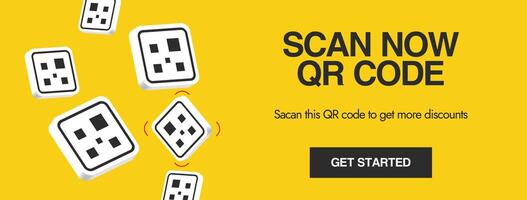 Scan QR code. QR code icons falling cover banner with plain yellow background. vector
