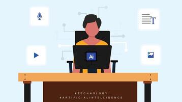 AI engineer working on laptop. Man working on computer system with AI written on back, Artificial intelligence generative tools concept with icons of chatbots vector