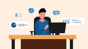CA, Data Analyst character working in office. Man siting in office with monitor screen on table finance icons of bar charts, pie charts. Workplace, office room of CA, Data analyst. vector