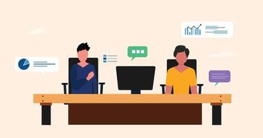 Office colleagues working together on a table with monitor on it. Office environment with two finance employees working together vector
