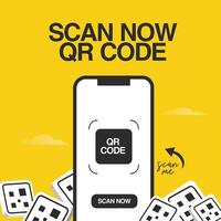 Scan QR code now. QR code scan banner, social media post template for advertising with smartphone screen and quick response code on it ready to be scanned. Place your code here vector