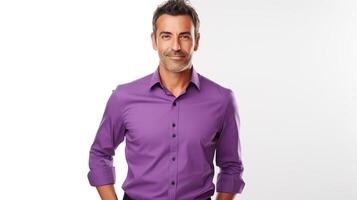 A man in a purple shirt and black pants photo