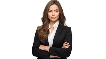 A woman in a business suit with her arms crossed photo