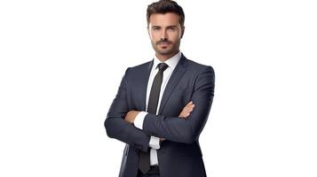 A man in a suit and tie standing with his arms crossed photo