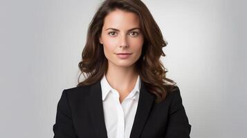 A woman in a business suit with her arms crossed photo