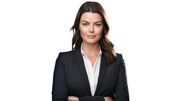A woman in a business suit with her arms crossed photo
