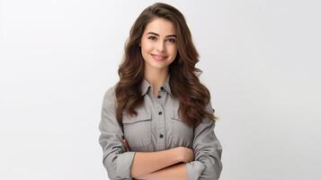 Portrait of a beautiful young woman with her arms crossed on a white background photo