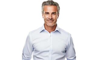 A man in a white shirt and blue jeans photo