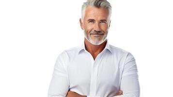 A man with a white shirt and gray hair photo