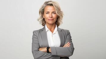 A woman in a business suit standing with her arms crossed photo