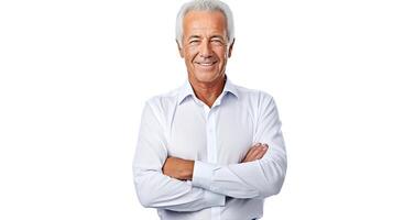 A man with his arms crossed standing in front of a white background photo