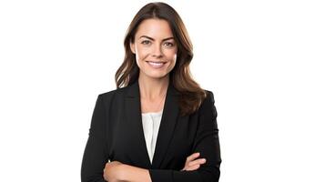 A woman in a business suit with her arms crossed photo