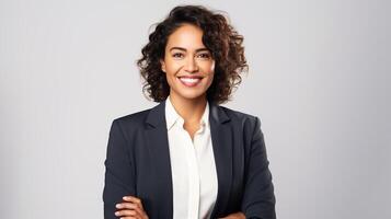Portrait of a business woman with arms crossed over grey background photo