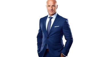 A bald man in a blue suit and tie photo