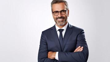 A man in a suit and glasses standing with his arms crossed photo