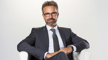 A man in a suit and glasses sitting on a chair photo