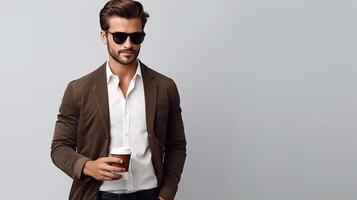 Handsome man in a brown jacket and sunglasses holding a coffee photo