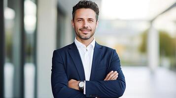 A man in a suit and tie standing in front of a building photo
