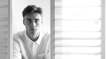 A man in a white shirt looking out a window photo