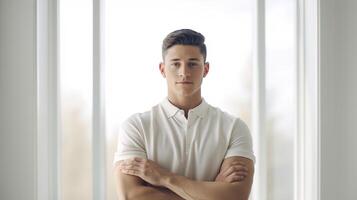 A man in a white shirt standing in front of a window photo