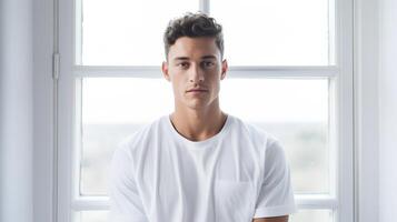 A man in a white t - shirt standing in front of a window photo