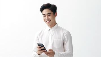 A man in a white shirt is smiling while holding a cell phone photo