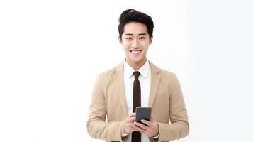 Asian man in suit holding phone and smiling photo