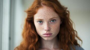 A woman with freckles looking at the camera photo