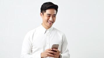 Asian man in white shirt holding phone and smiling photo