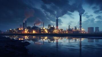 Industrial plant at night with smoke coming out of the chimneys photo