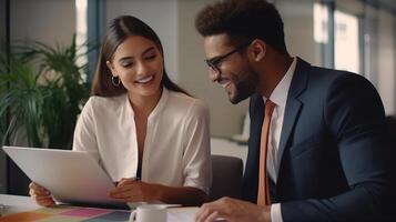 A man and woman in business attire are looking at a laptop photo