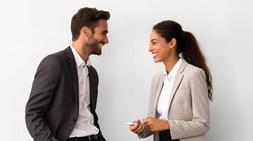 A man and woman in business attire talking photo