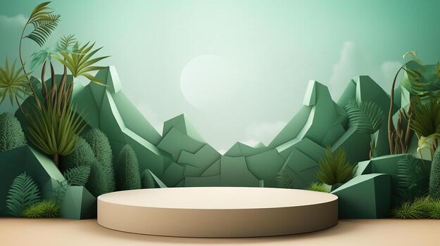 An empty podium with plants and mountains in the background photo