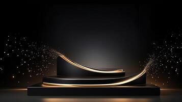 Black and gold award podium with gold and sparkles photo