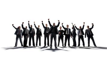 Business people standing in a row with their hands up photo