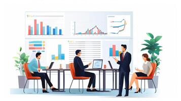 Business people working in a meeting room with graphs and charts photo