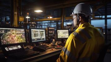 A man in a hard hat and yellow jacket is working on a computer photo