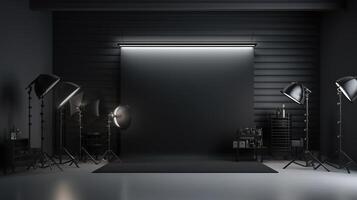 A black room with lighting equipment and a black wall photo