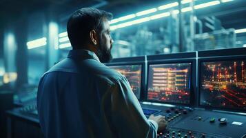 A man in a lab is looking at a computer screen photo