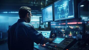 A man in a factory looking at a computer screen photo